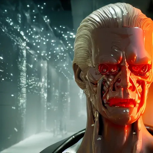 Prompt: donald trump as the terminator full body detailed, ethereal, cyborg biomechanics, covered in blood diamonds and other gems glowing, highly detailed face, evil posed, evil expression, intricate, extremy detailed, beeple, cgsociety, 3 d unreal engine octane render. cinematic lighting, highly detailed 4 k art