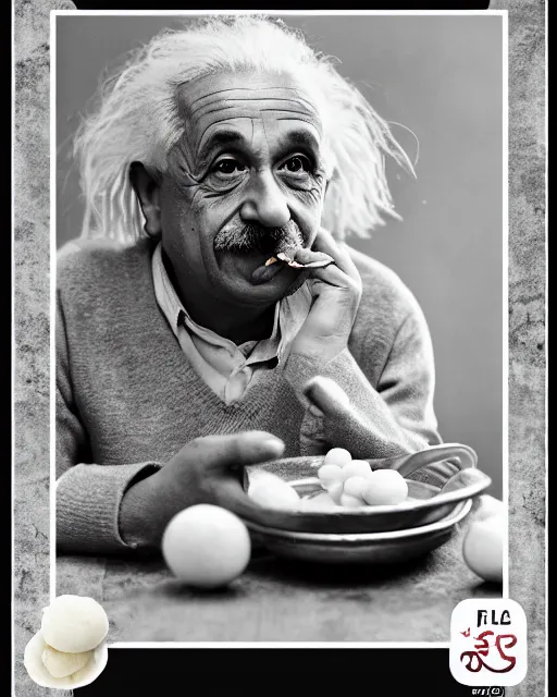 Prompt: A photo of Albert Einstein eating Rasgulla, highly detailed, trending on artstation, bokeh, 90mm, f/1.4