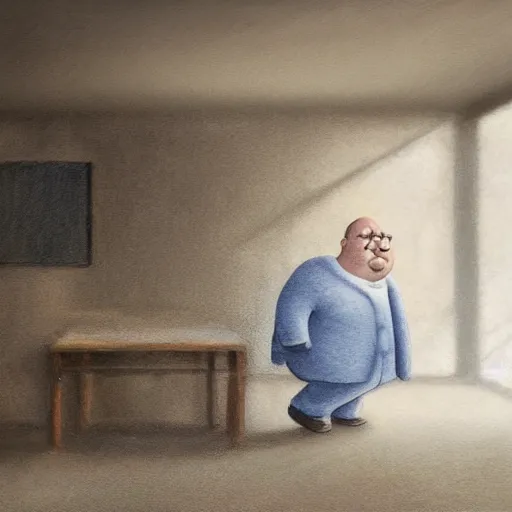 Image similar to high quality high detail painting by john salt, realistic peter griffin from family guy standing in a basement with concrete floor. light ray from a blurry window, floating dust, motion blur, gloomy, stippled walls, cinematic shot, epic, realistic, 4 k, perfectly defined features