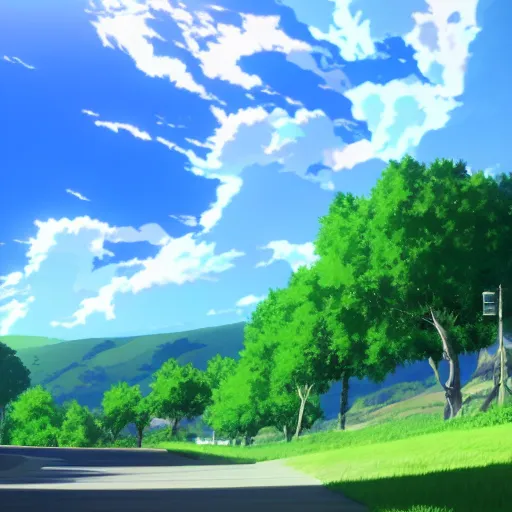 Prompt: green hills with a blue sky with clouds, scene from an anime movie, 4k,