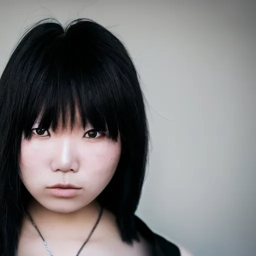 Image similar to beautiful gorgeous curvy Japanese edgy model girl with short hair, she's sad, sunset, 80mm lens, 1.2 aperture, grainy image, close up