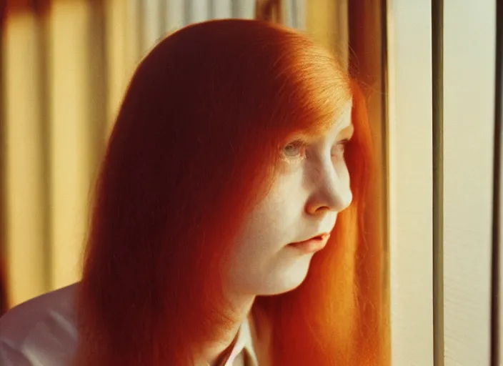 Image similar to close-up color film photography 1970s, long shot, young ginger woman in office with the shadow of the blinds on her face, soft focus, golden hour, soft light, 35mm, film photo, Joel Meyerowitz