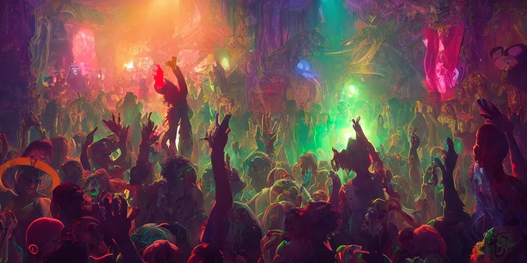 Image similar to a zombie disco party, vivid colors, extremely detailed digital painting, mystical colors, rim light, beautiful lighting, 8 k, stunning scene, raytracing, octane, trending on artstation, art by artgerm and greg rutkowski and alphonse mucha and loish and wlop