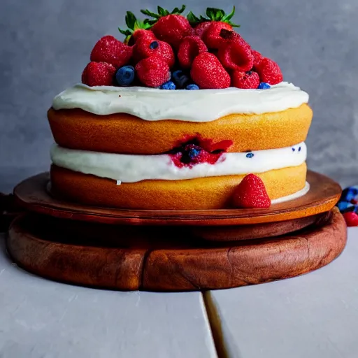 Image similar to A photo of a cake from the side with cream on the sides and strawberries, raspberries and blueberries in circles on top. Sun in back. 4K. Cinematic lighting. High detail. Realistic. Delicious