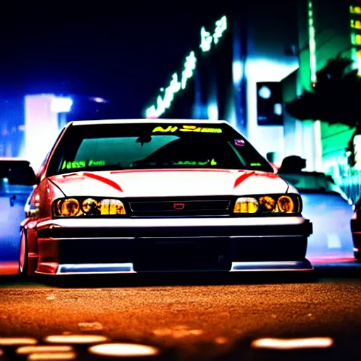 Image similar to a car JZX90 twin turbo drift at illegal car meet, Shibuya prefecture, city midnight mist lights, cinematic lighting, photorealistic, highly detailed wheels, high detail