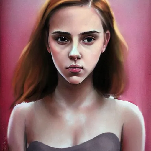 Image similar to portrait of girl who look like a mix of emma watson, scarlett johansson, nathalie portman, very detailled, by artgem