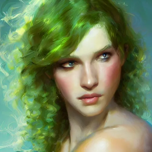 Prompt: a mascular woman with emerald green eyes, and green hair that naturally curls up on the ends, bodybuilder woman, by daniel gerhartz, digital art, artstation