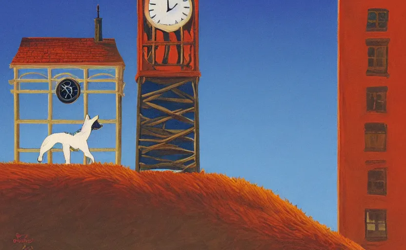 Image similar to a boy fighting a wolf on the edge of a clocktower, by oliver jeffers, gouche, print