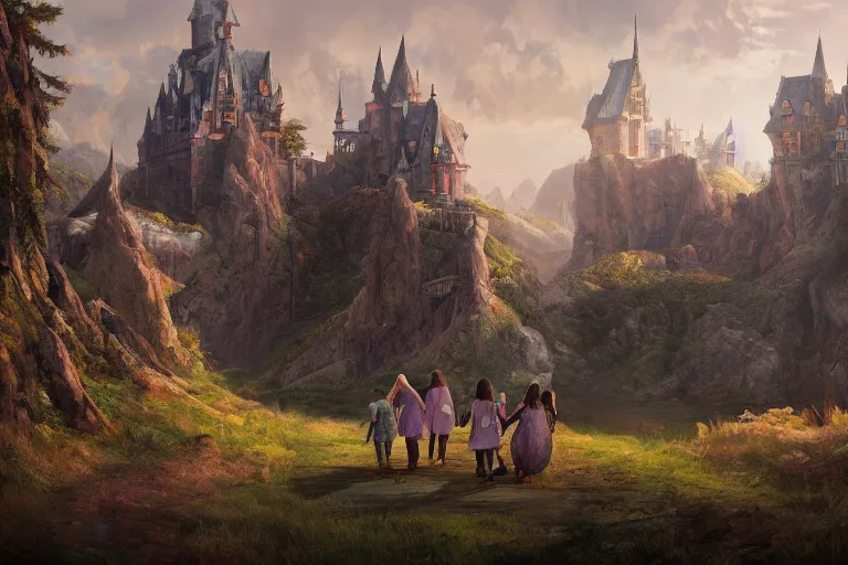 Prompt: a family walks through a fantasy landscape with a gigantic castle in the background, Artstation