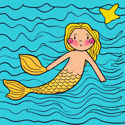 Prompt: Children\'s drawing of a mermaid in the sea, high definition but simple drawing, vector svg digital painting for coloring book.