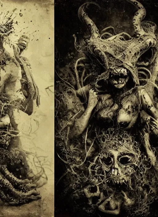 Image similar to old wetplate daguerreotype demons, devil, pain, anger, desolation, angel, explosion of data fragments, fractal, intricate, elegant, highly detailed, parallax, leica, medium format, subsurface scattering, by jheronimus bosch and greg rutkowski and louis jacques mande daguerre