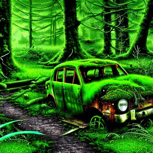 Image similar to an old forgotten junk yard in the forest, with moss and ivy, detailed, realistic digital art,