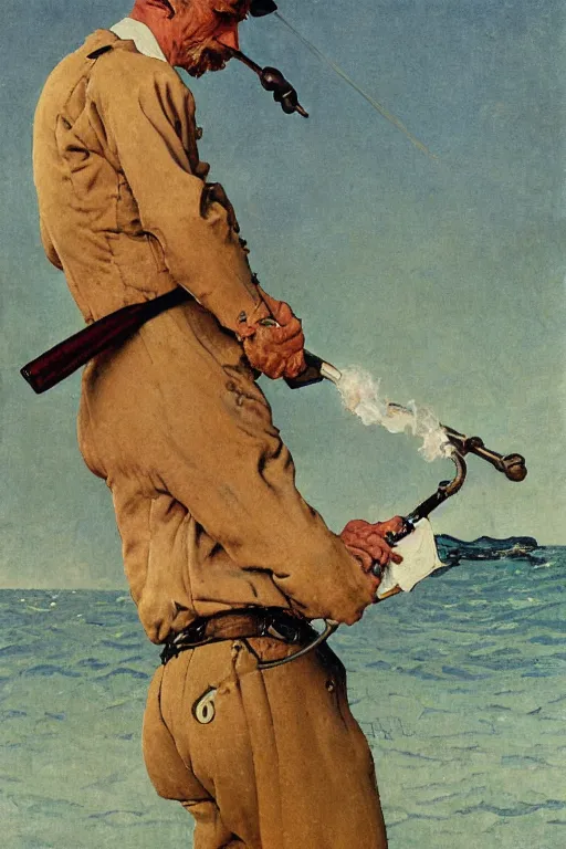 Image similar to body portrait of a french sailor smoking a pipe at sea, colour painting by norman rockwell, guidi prime background by carl spitzweg