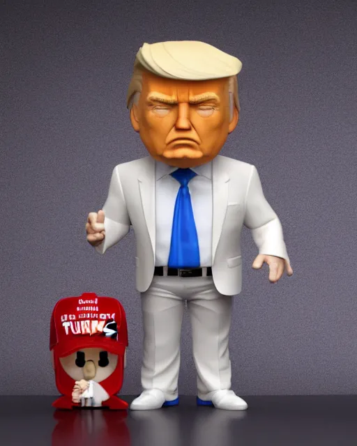 Image similar to full body 3d render of funko pop donald trump as a funko pop, studio lighting, white background, blender, trending on artstation, 8k, highly detailed