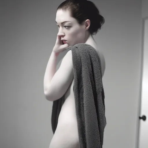 Image similar to stoya realistic expired kodak film full body portrait of an woman in bath wearing a towel, hyperrealism, hypermaxiymalism, photorealistic, detailed, atmospheric, 8 k, award winning photography, cinematic