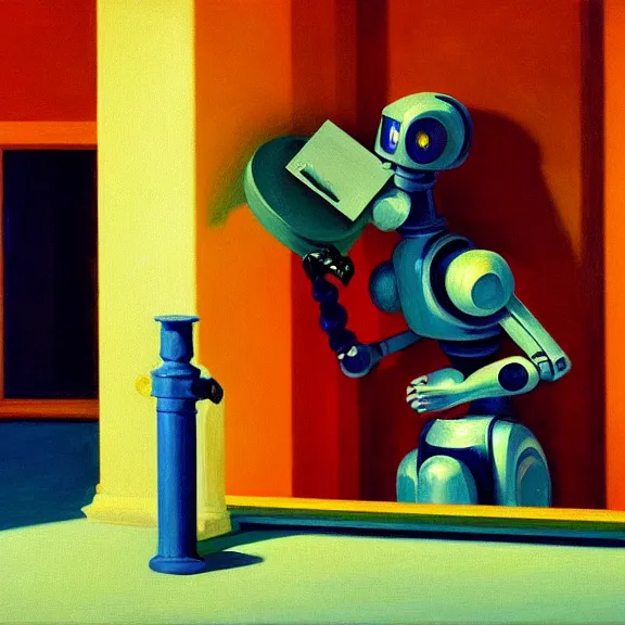 Image similar to beautiful illustration of a robot painting an artwork on a canvas with a paintbrush by Edward Hopper, colorful octane render