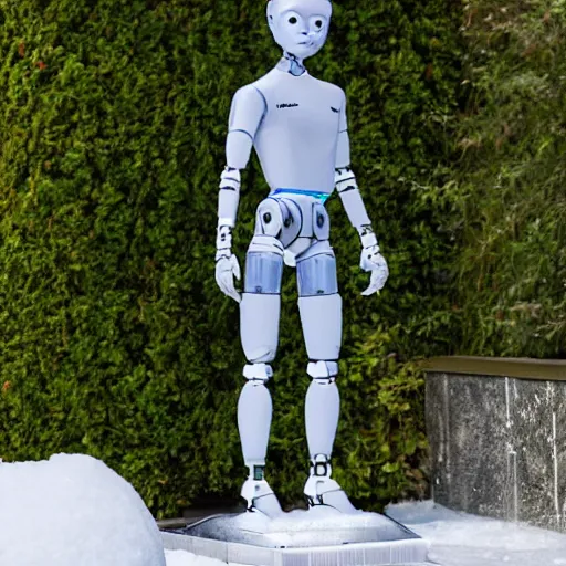 Image similar to a realistic detailed photo of a guy who is an attractive humanoid who is half robot and half humanoid, who is a male android, soccer player martin ødegaard, shiny skin, posing like a statue, blank stare, by the pool, on display, showing off his muscles, humanoid robot, frozen ice statue