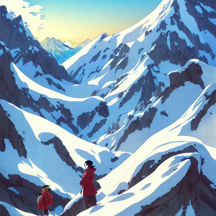 Image similar to japanese mountains, winter, in the style of studio ghibli, j. c. leyendecker, greg rutkowski, artem