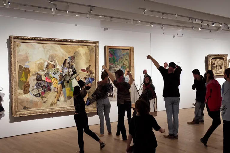 Prompt: a group of people destroying a museum art show