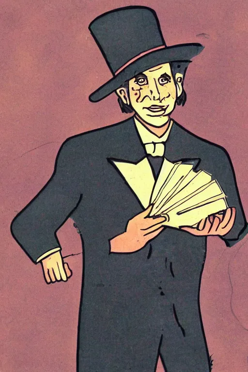 Prompt: detailed illustration of a great magician, 1 9 8 0 s