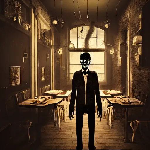 Image similar to waiter angry zombie, detailled portrait, restaurant interior, feeling of grimdark horror, daytime, high contrast, ultra intricate detailed, octane render, unreal engine, style of a dusk falls