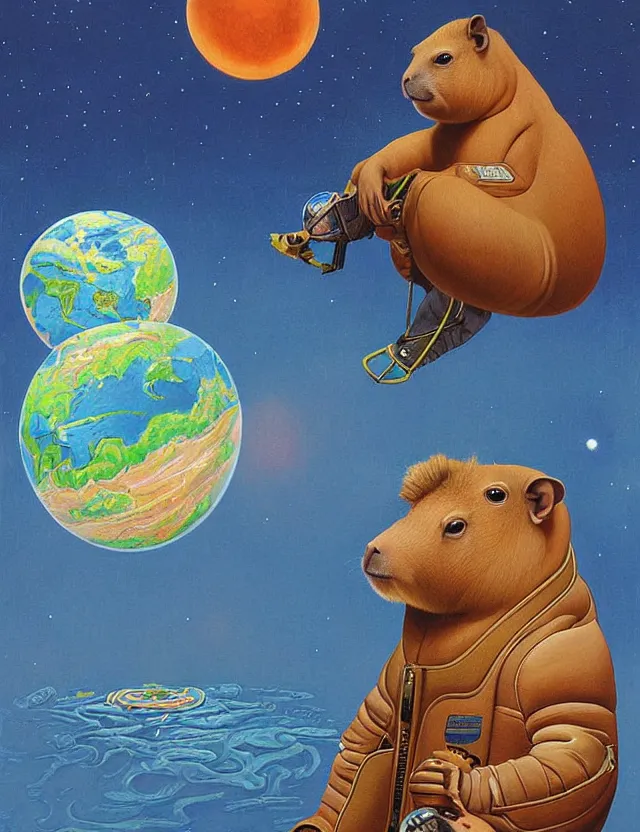 Image similar to beautiful detailed painting of a capybara in a spacesuit floating above earth by casey weldon by mark ryden by thomas blackshear