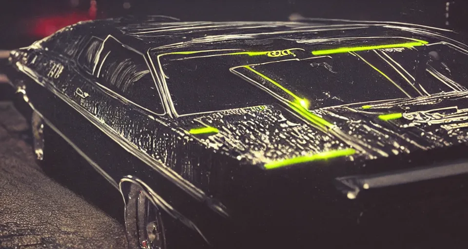 Image similar to close up macro shot of a 1 9 7 3 ford xb falcon gt car on wet city street at night, intricate, hyper detailed, smooth, high contrast, neon, volumetric lighting, octane, moebius, greg rutkowski, blade runner, ripley scott, cindmatic