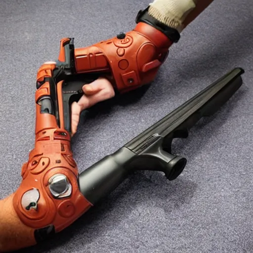 Prompt: human with a shotgun as a prosthetic hand