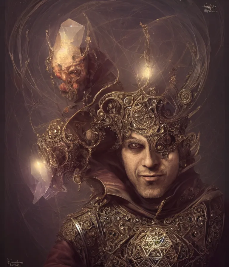 Image similar to front!!! shot of a court jester!!! character, mesmerizing hypercubes, dark holography!!!, future, chrome, crystalline edges, (((intricate))), elegant, highly detailed, centered, (((artstation, concept art, smooth, sharp focus, artgerm, Tomasz Alen Kopera, Peter Mohrbacher, donato giancola, Joseph Christian Leyendecker, WLOP, Boris Vallejo))), ((raytracing)), mugshot!!!!!, ugly!!!!!!, octane render, nvidia raytracing demo, octane render, nvidia raytracing demo, octane render, nvidia raytracing demo, grainy, muted, 8K, digitalblasphemy, metatron