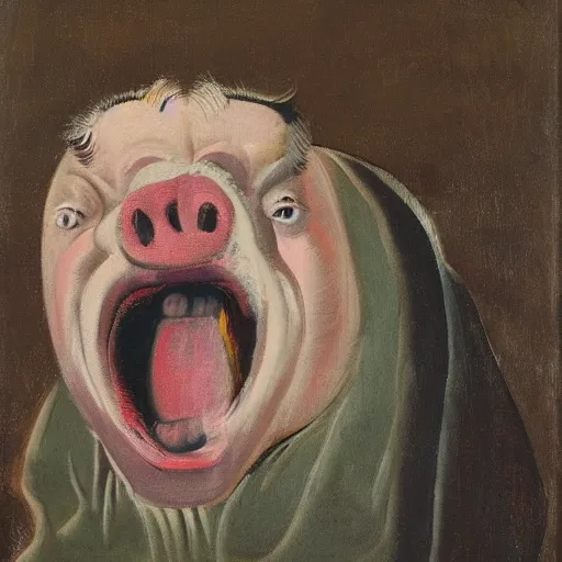 Image similar to a screaming pig wearing a robe painted by francis bacon