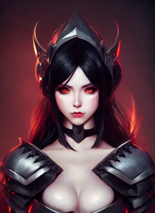 Image similar to full plate armor!!! beautiful and elegant dark hair female vampire!! gorgeous ayes!! character concept art, sharp focus, octane render! unreal engine 5! highly rendered!! trending on artstation!! detailed linework!! illustration by artgerm, wlop, and chie yoshii