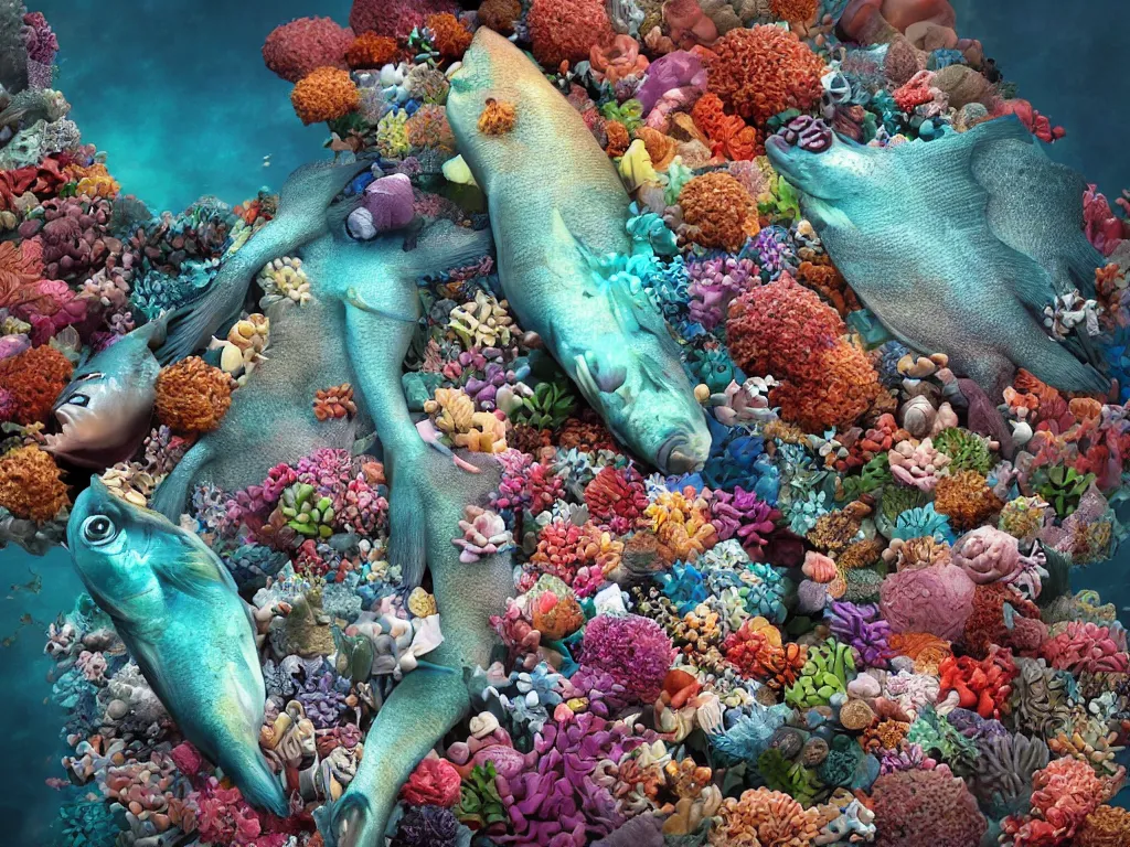 Image similar to a sculpture of fish ocean intertwined, a lovely cornucopia of flowers and human body parts, body parts, highly detailed, octane render, cinematic, shock, sharp focus, cycle