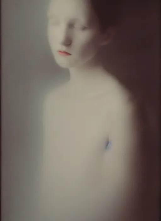 Prompt: out of focus photorealistic portrait of a beautiful pale young woman by sarah moon, very blurry, translucent white skin, closed eyes, foggy