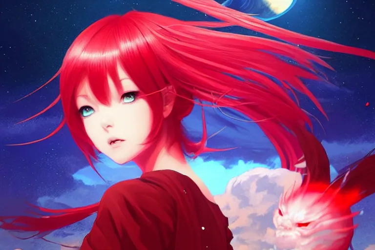 Image similar to red dressed summoner girl fighting against outer gods with their creatures. floating planets on the background, box office hit, fantasy and cosmic horror movie, unreal engine, intricate, highly detailed 8 k, ambient occlusion, extremely beautiful and aesthetic shape of face and body, art by hiroaki samura and ilya kuvshinov and rossdraws
