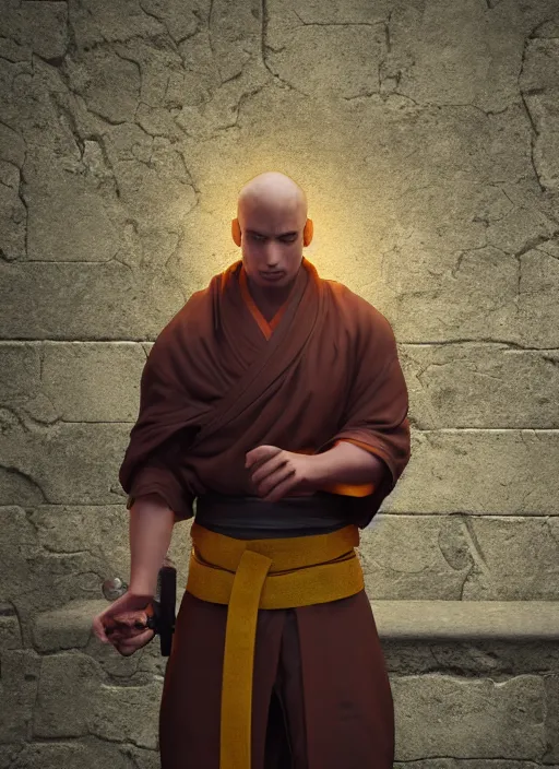 Image similar to A fantasy comic book style portrait painting of a monk as a martial arts fighter in a serene temple, unreal 5, DAZ, hyperrealistic, octane render, RPG portrait, ambient light, dynamic lighting
