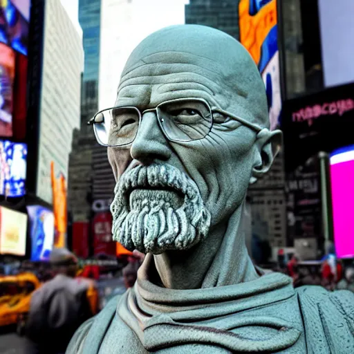 Prompt: extreme long - shot photograph of a renaissance clay sculpture of walter white wearing a phrygian cap in times square, made by michelangelo, hyper detailed, sharp focus, 8 k resolution, ray tracing