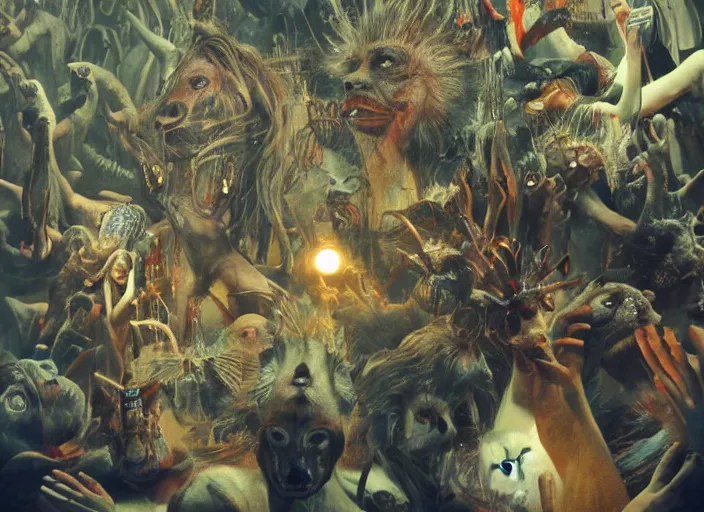 Prompt: wild underground carnival scene from a 7 0's movie by chris cunningham, kenneth anger and alejandro jodorowsky : : dream scene of actors turning into animals : : close - up, ultra realistic, concept art, highly detailed by greg rutkowski 4 k