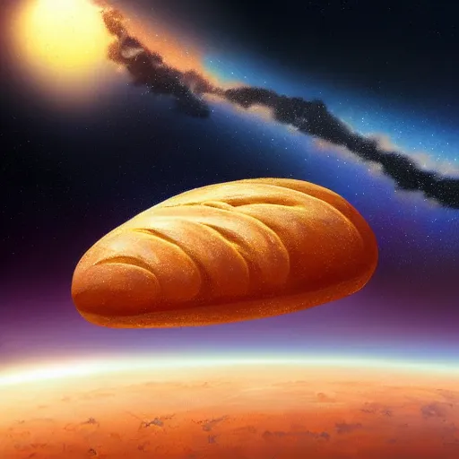 Image similar to loaf of bread in space, stylish painting, dramatic, bread, milky way galaxy, artstation award, concept art