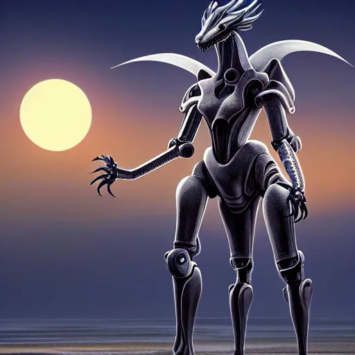Prompt: full body shot, realistic detailed stunning beautiful anthropomorphic robot mechanical female dragon, doing an elegant pose with hand on hip, looking to the side, sleek streamlined armor and design, sharp claws, sleek head, long tail, standing on two legs, wearing a hooded cloak that blows in the wind from behind her, on the beach during sunset, high quality, cinematic art, sunset lighting, artstation, deviantart, furaffinity