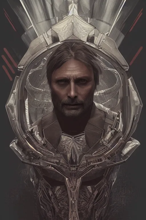 Image similar to symmetry!! portrait of mads mikkelsen in the style of horizon zero dawn, machine face, intricate, elegant, highly detailed, digital painting, artstation, concept art, smooth, sharp focus, illustration, art by artgerm and greg rutkowski and alphonse mucha, 8 k