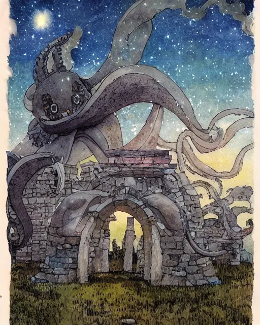 Prompt: a hyperrealist studio ghibli watercolor fantasy concept art. in the foreground is a giant grey octopus building and putting stones in to place on top of stonehenge with a starry sky. by rebecca guay, michael kaluta, charles vess