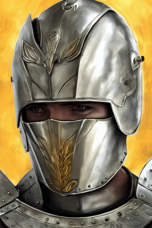 Image similar to a blonde male teenager wearing a silver plate armor, digital painting, digital art, oil painting, masterpiece, realistic and detailed face, profile picture, realistic, highly detailed, high quality, symmetrical, low contrast, trending on deviantart, soft colors, soft lighting, face portrait, beautiful, elegant, castle in the background, bokeh, artgem style