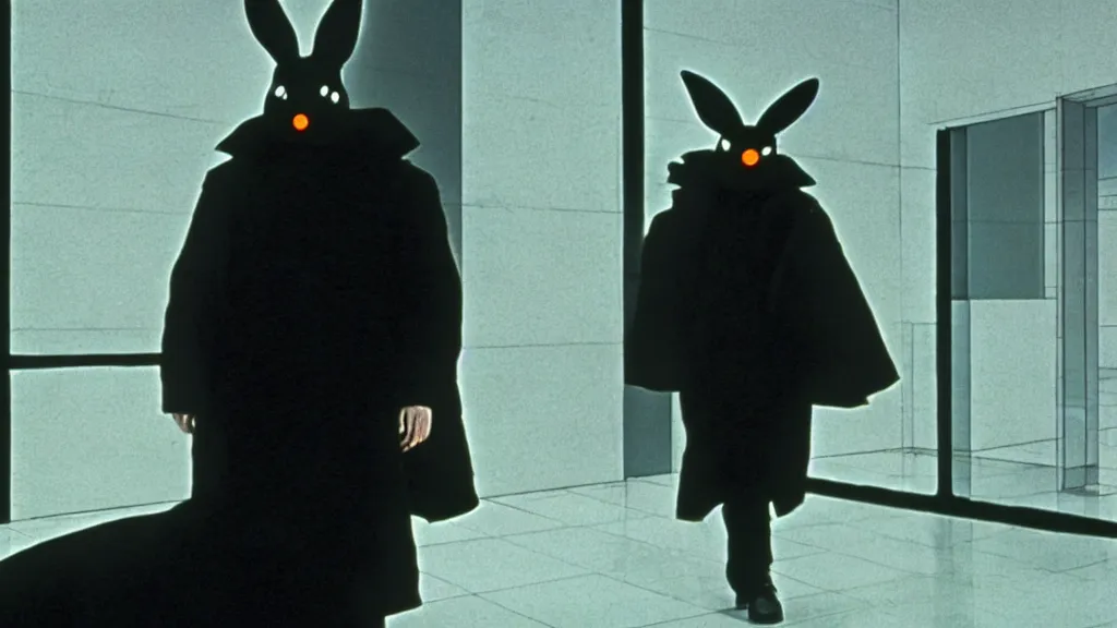 Image similar to a man in a trench coat wearing a black rabbit mask in a luxury mega corporation office , film still from the an anime directed by Katsuhiro Otomo with art direction by Salvador Dalí, wide lens