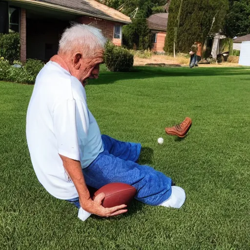 Image similar to an elderly man in pain with a 🏈 in the groin on the front lawn. long shot side view