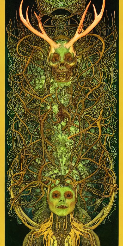 Image similar to intense glowing pagan fungus god with antlers and tentacles and intense glowing eyes and a mossy skull in very dark cosmic space by alphonse mucha and karol bak and h r giger, portrait, fantasy, clear, light beams, lens flare, intense, uhd, amazing depth, cinematic lighting, deep green and black and shining gold