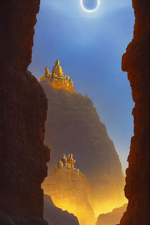 Image similar to ancient indian temple built into canyon walls, monks standing around golden statue glowing yellow, light streaks in the sky, floating planets and moons, dramatic lighting, artstation, matte painting, ralph mcquarrie, simon stalenhag