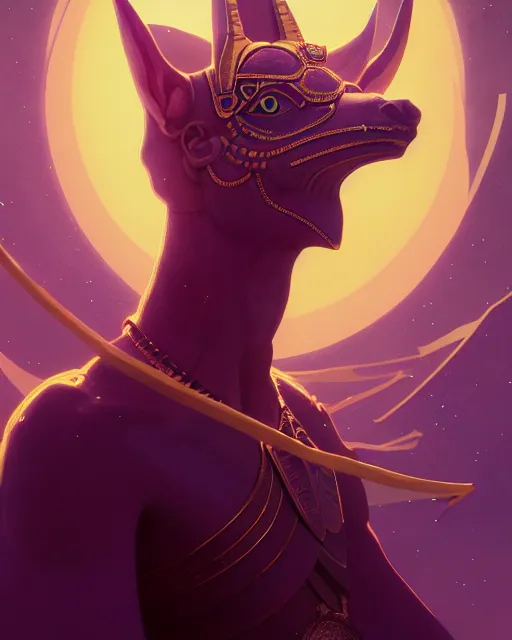 Image similar to highly detailed vfx portrait of egyptian god anubis with ankh staff floating in space purples, unreal engine, greg rutkowski, loish, rhads, beeple, makoto shinkai and lois van baarle, ilya kuvshinov, rossdraws, tom bagshaw, alphonse mucha, global illumination, detailed and intricate environment