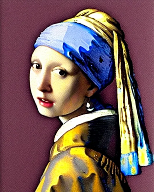 Image similar to Girl with a Pearl Earring Painting by Johannes Vermeer but it is a pear earing instead