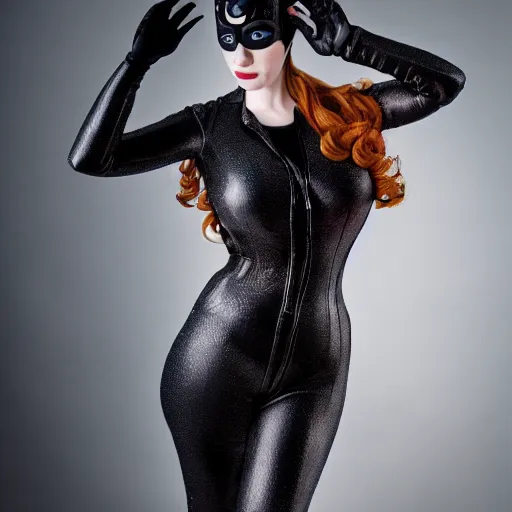 Image similar to Fully-clothed full-body portrait of Christina Hendricks as catwoman, XF IQ4, 50mm, F1.4, studio lighting, professional, 8K