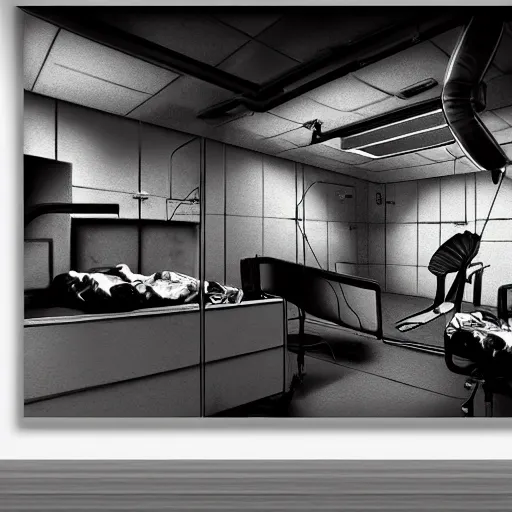 Image similar to an operation theater, in front of a black background, detailed digital art, black and white, law of thirds